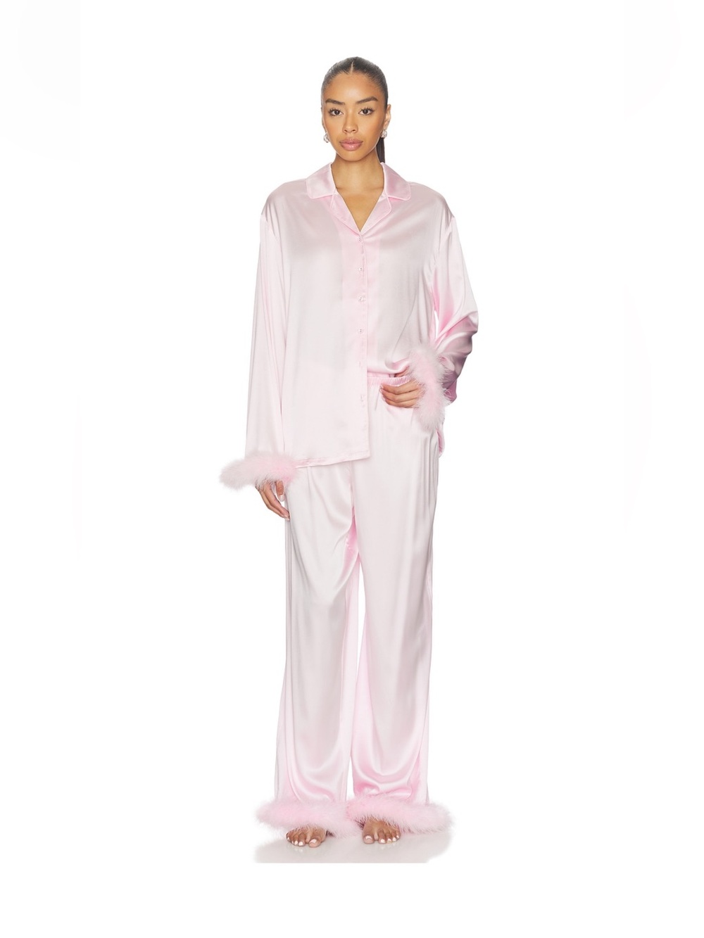 SKIMS Pale Pink Silk Pajama Set with Feather Cuffs